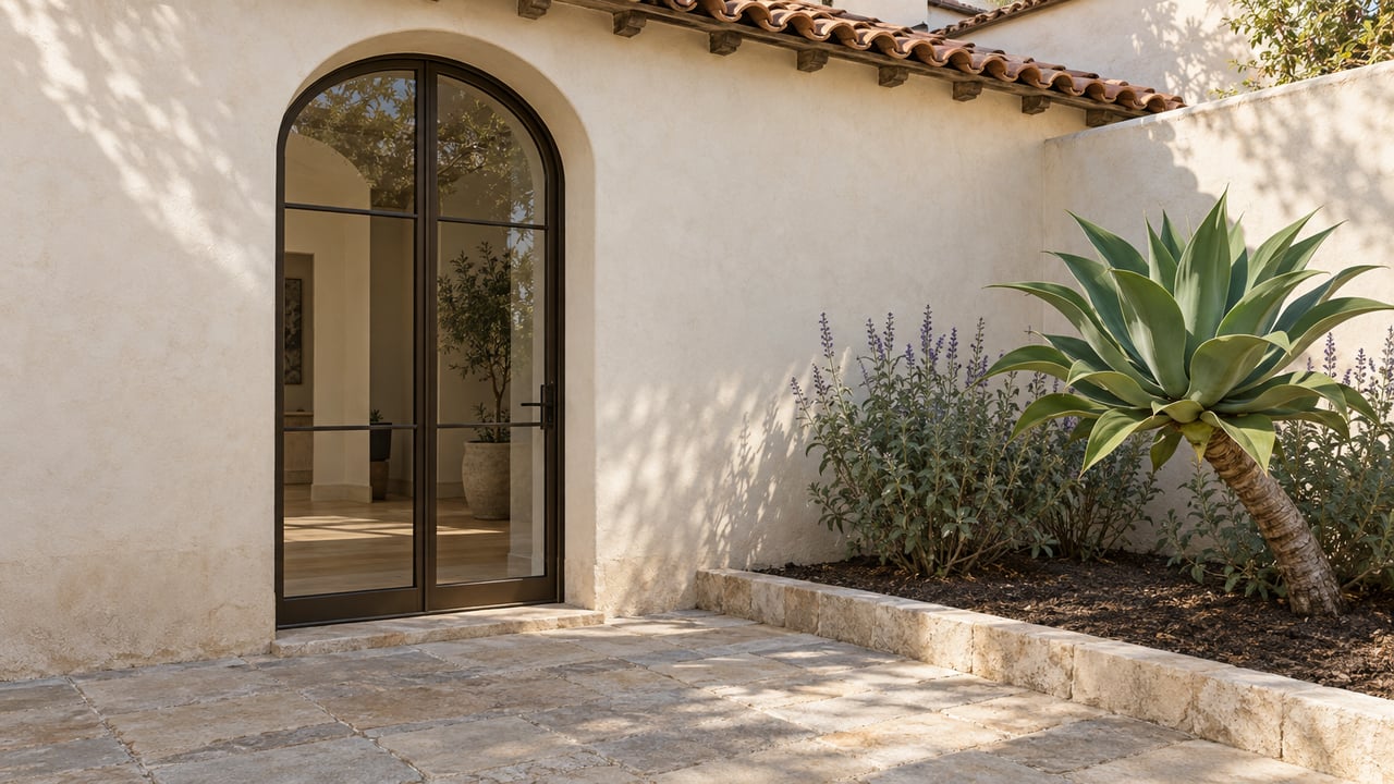 Arched bronze-framed glass door in an ivory stucco courtyard, beside an agave and gray-green salvias.
