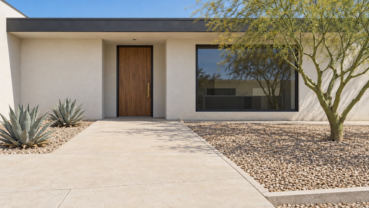 Modern flat-roof home with a wood entry door, broad window and pale concrete approach bordered by desert planting.