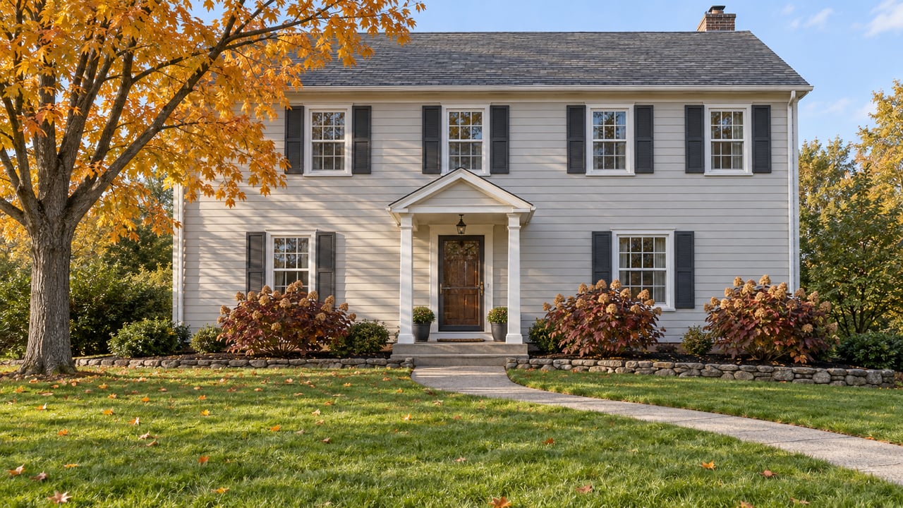 Light-gray two-story home with dark shutters, a centered covered entry, a curving concrete walk and an autumn sugar maple beside a deep front lawn.