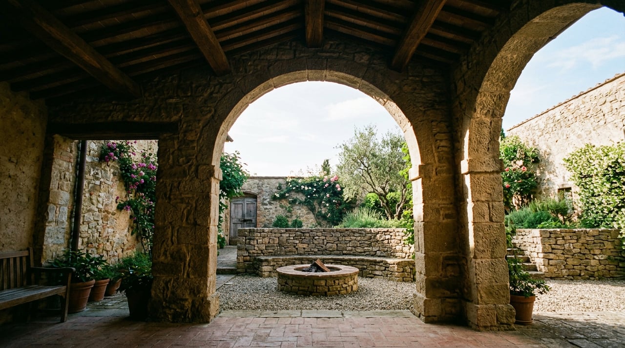 Covered stone loggia opening onto an enclosed courtyard with a raised stone fire feature and stacked-stone wall.