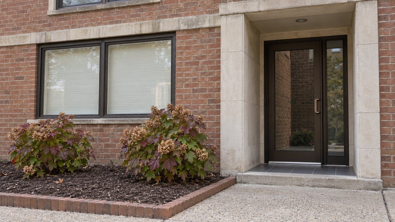 Close view of a russet brick condominium exterior with bronze-framed windows, a recessed glazed entrance and autumn oakleaf hydrangeas.