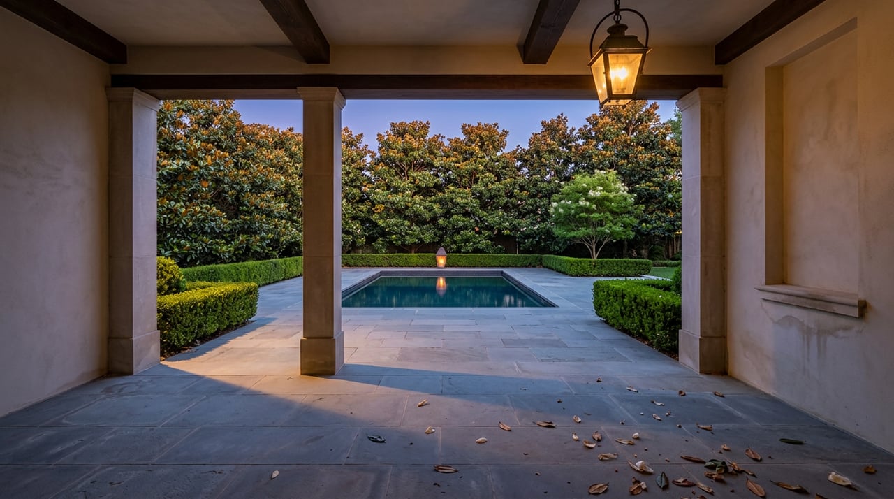 Wrought-iron lantern hangs over a stone loggia, framing a bluestone terrace, still pool, and magnolia trees at dusk.