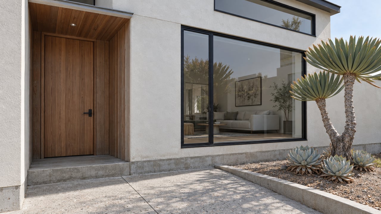 Cedar entry and black-framed windows in a white stucco home, beside a sculptural fan aloe and chalky succulent rosettes.