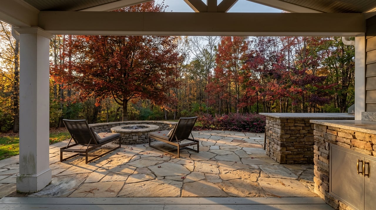 Stone patio with a firepit, lounge chairs, and outdoor kitchen beneath red-orange autumn trees.