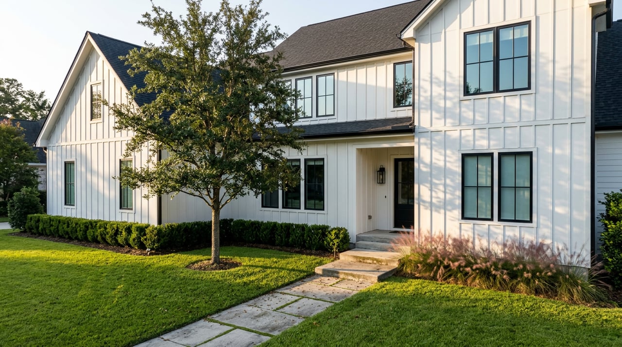 White two-story farmhouse with black-framed windows, a spreading live oak, and pink muhly grass beside the porch.