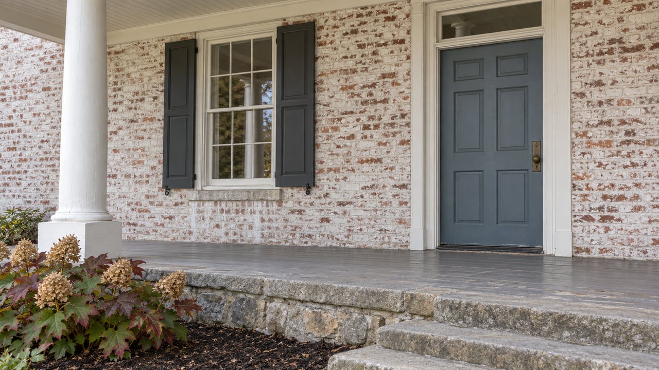 A limewashed brick home’s covered veranda with a muted blue door, shuttered sash window, weathered gray floorboards and autumn oakleaf hydrangea.