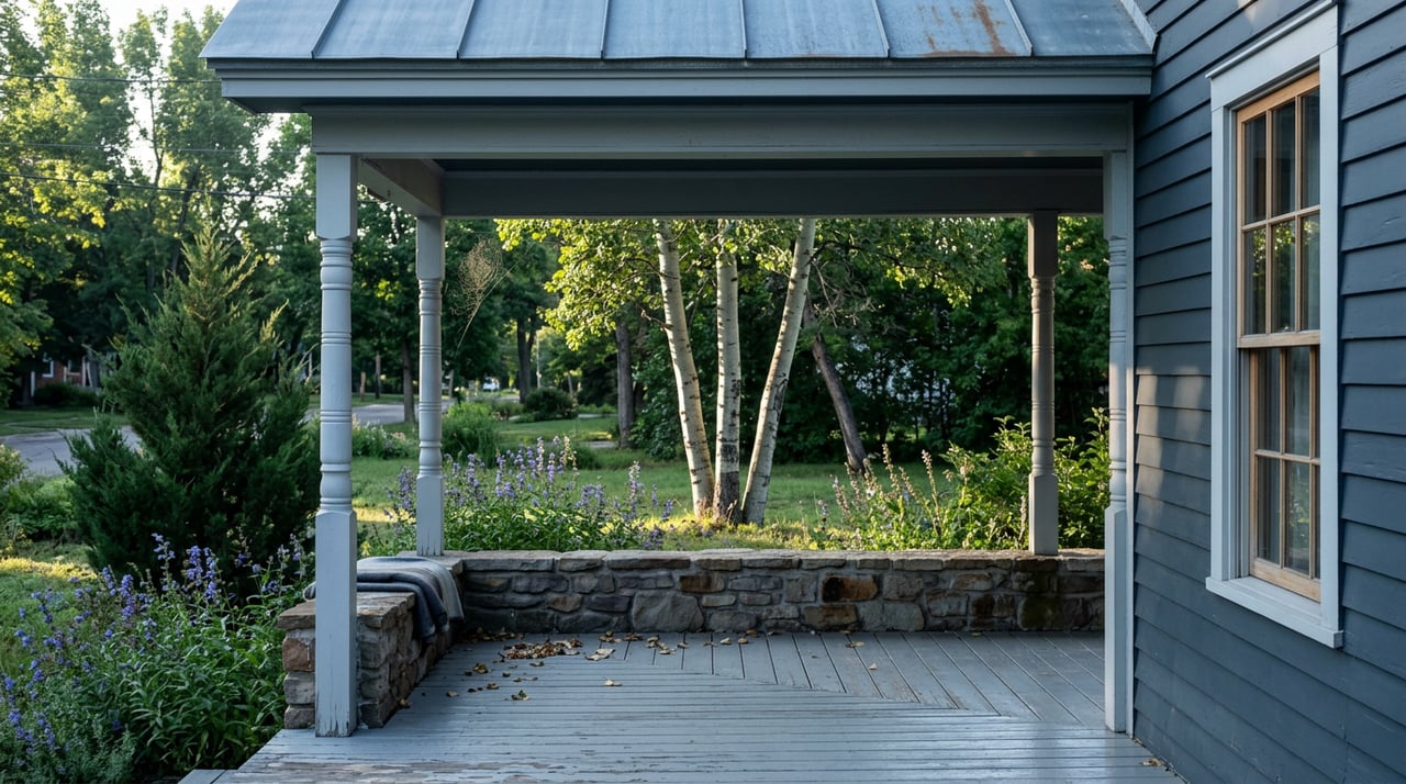 White turned porch posts frame a planted yard with pale-barked aspens, juniper, and scattered leaves on worn gray decking.