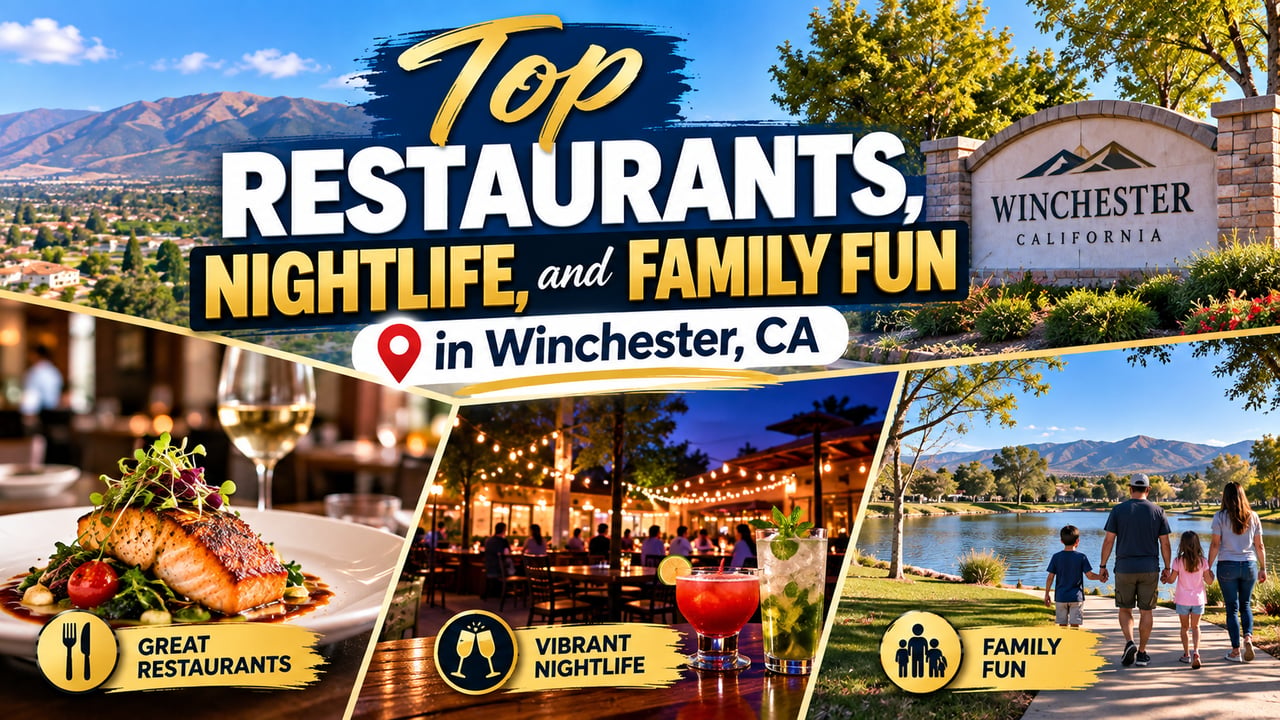 A composite guide graphic showcasing great restaurants, vibrant nightlife icons, and family fun in Winchester, CA.