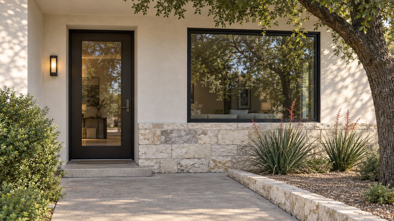 Recessed bronze-glazed door beside a black-framed window, limestone base, and oak canopy.