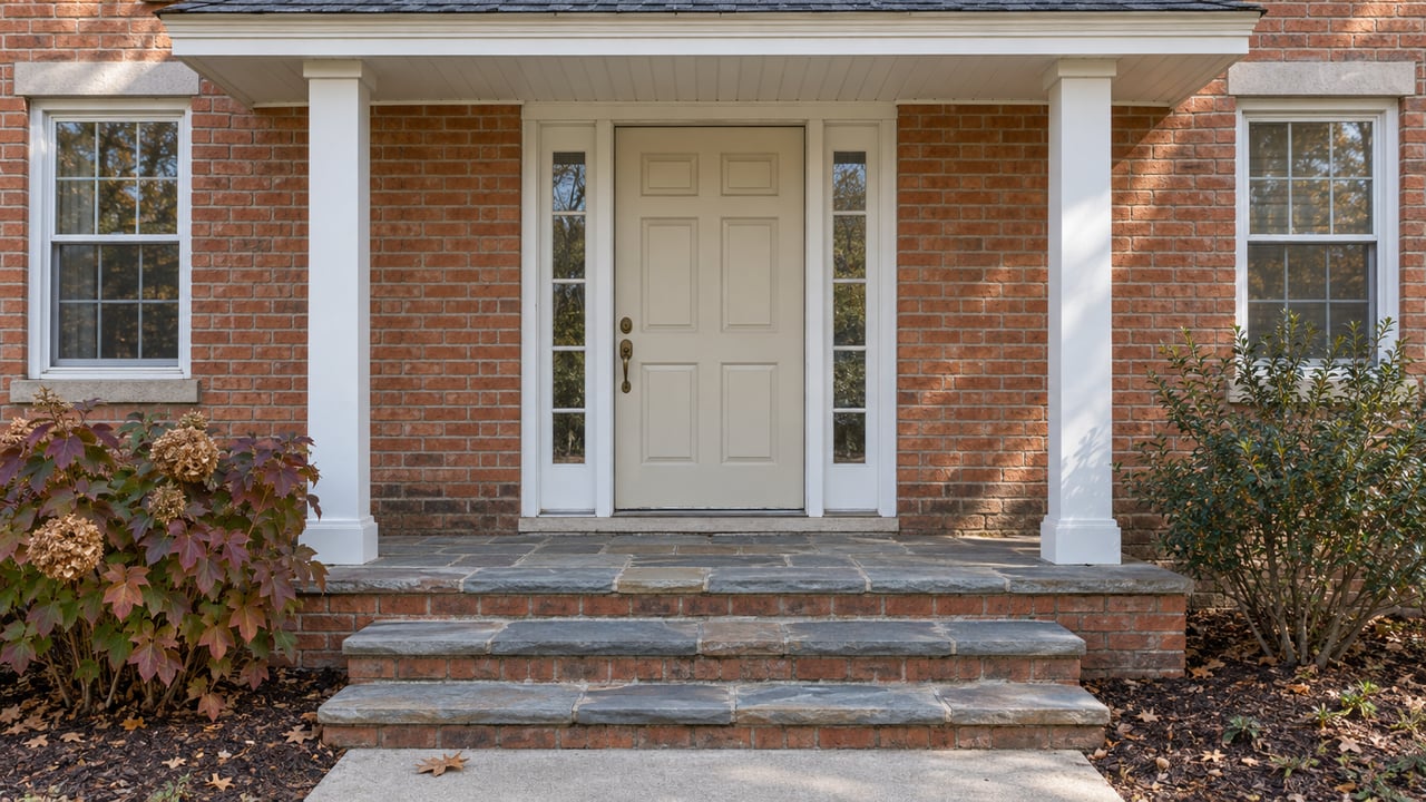 Morning light across a brick home's cream entry door, paired windows and flagstone porch, with autumn oakleaf hydrangea beside the steps.