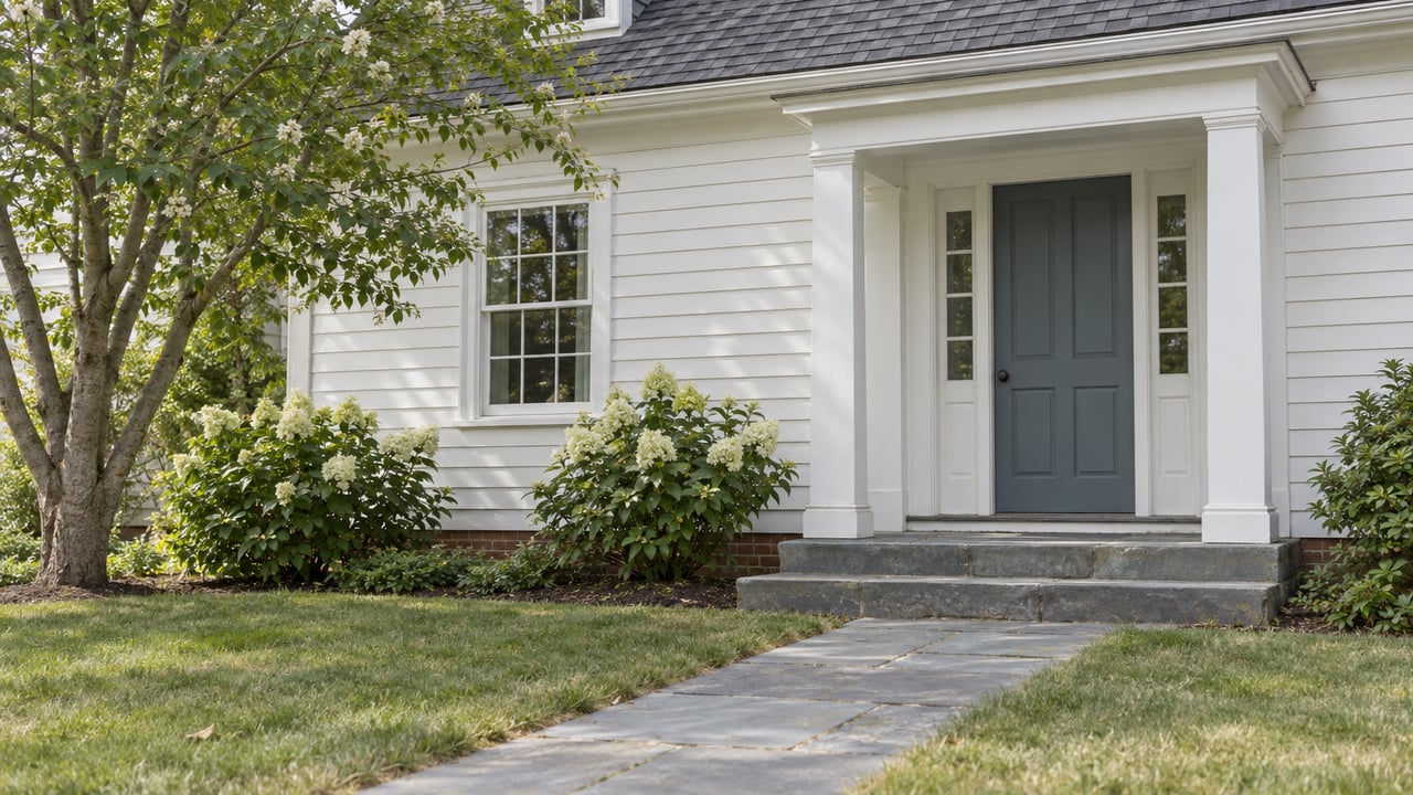 Warm-white clapboard house with a slate-blue front door, bluestone steps, hydrangeas, and a serviceberry tree.