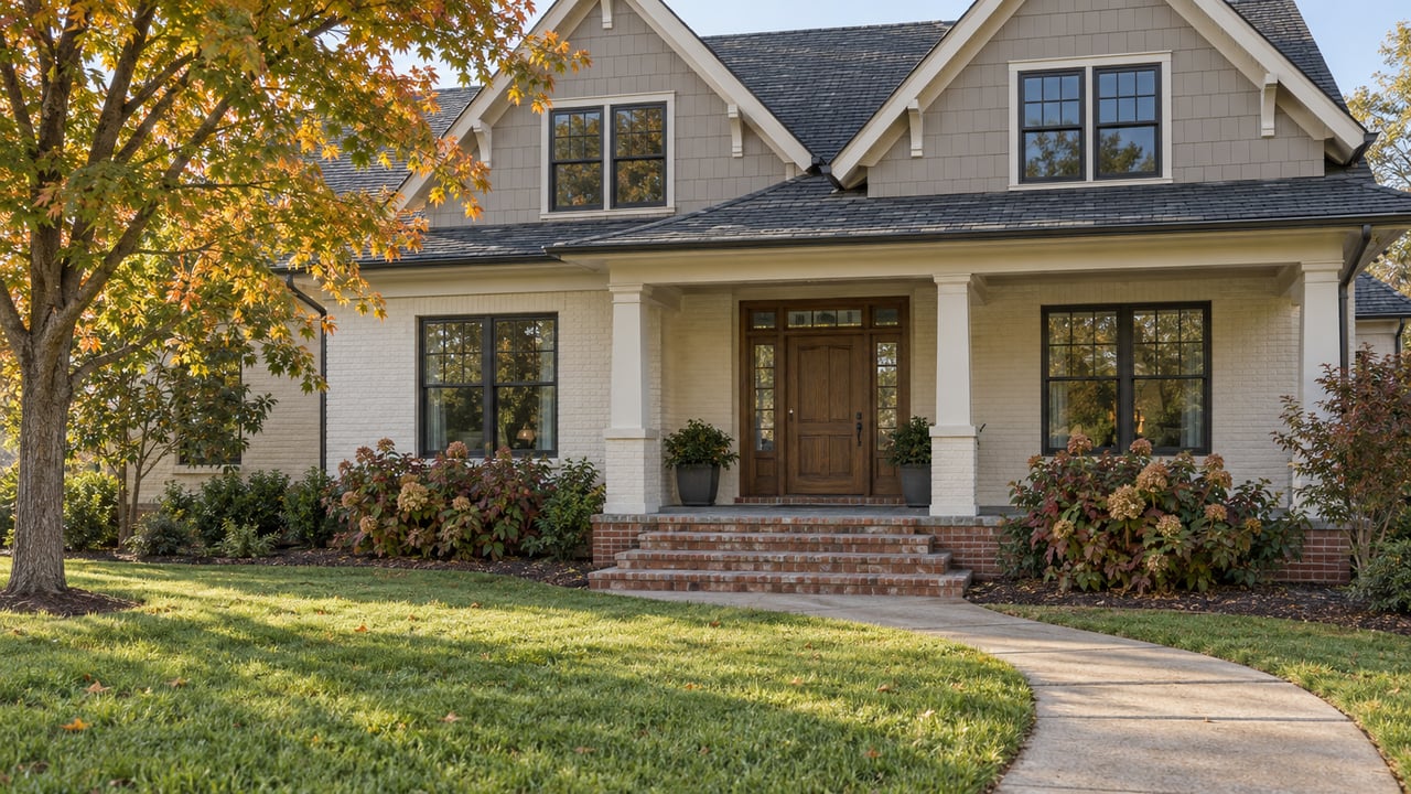 Cream painted-brick home with taupe gables, a covered oak-door entry, curved concrete walk, and an early-autumn maple beside a deep lawn.