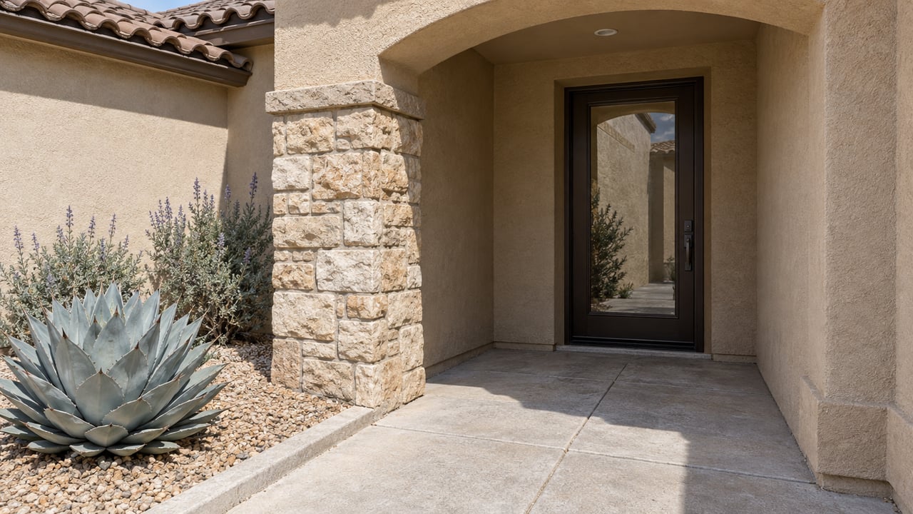 Sunlit stucco entry with a recessed bronze-framed glass door, limestone pier and blue-gray agave beside a concrete approach.