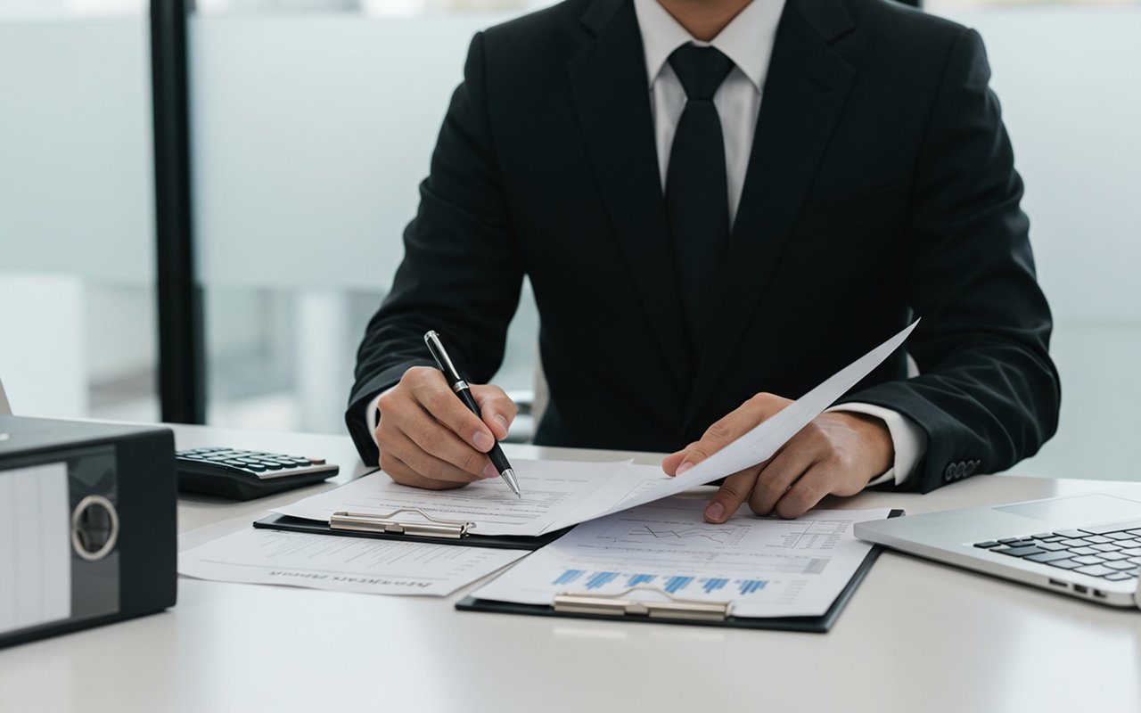 Suit-clad person signing paperwork at a desk with forms, charts, and a calculator.