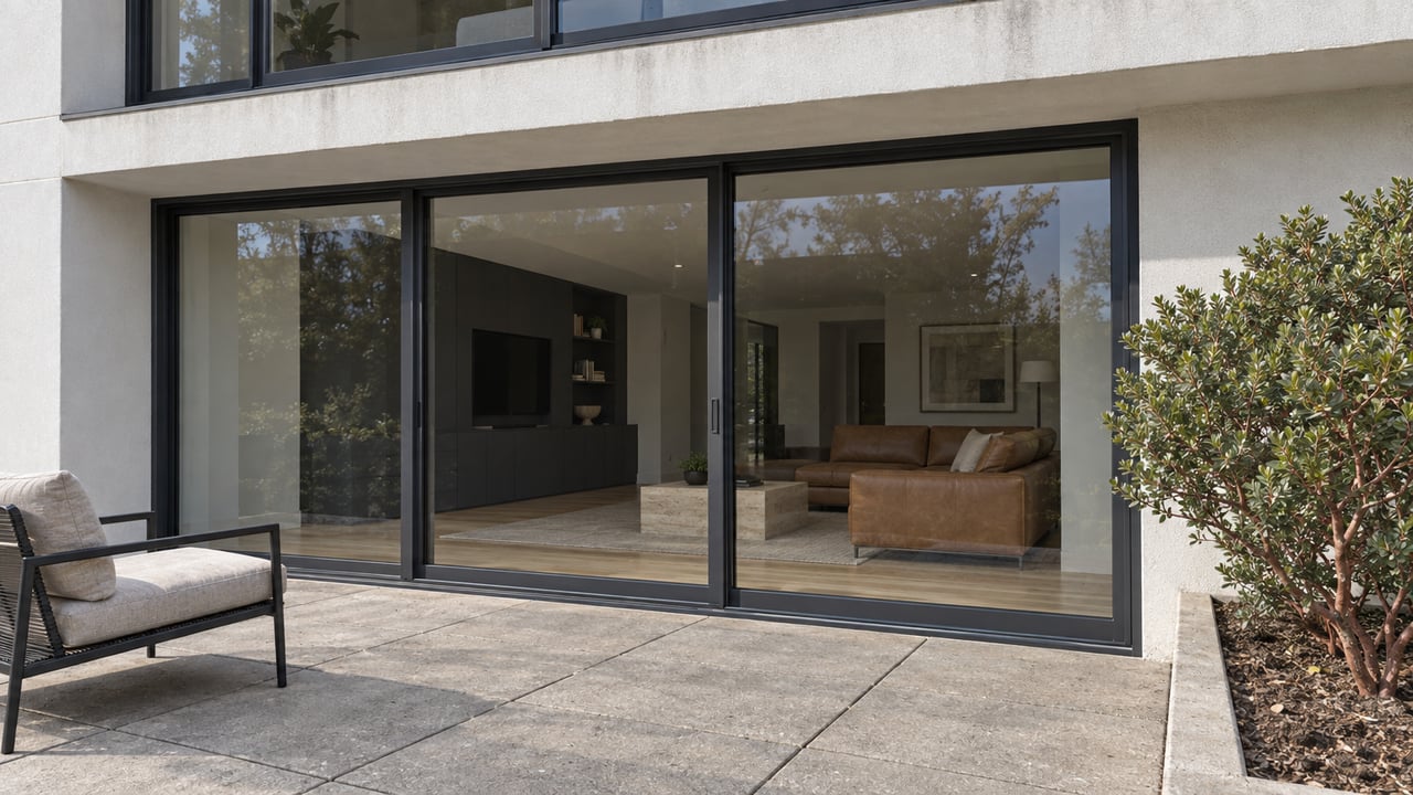 Modern condominium terrace with white stucco, black-framed sliding glass doors, gray pavers and a sculptural manzanita beside a concrete curb.