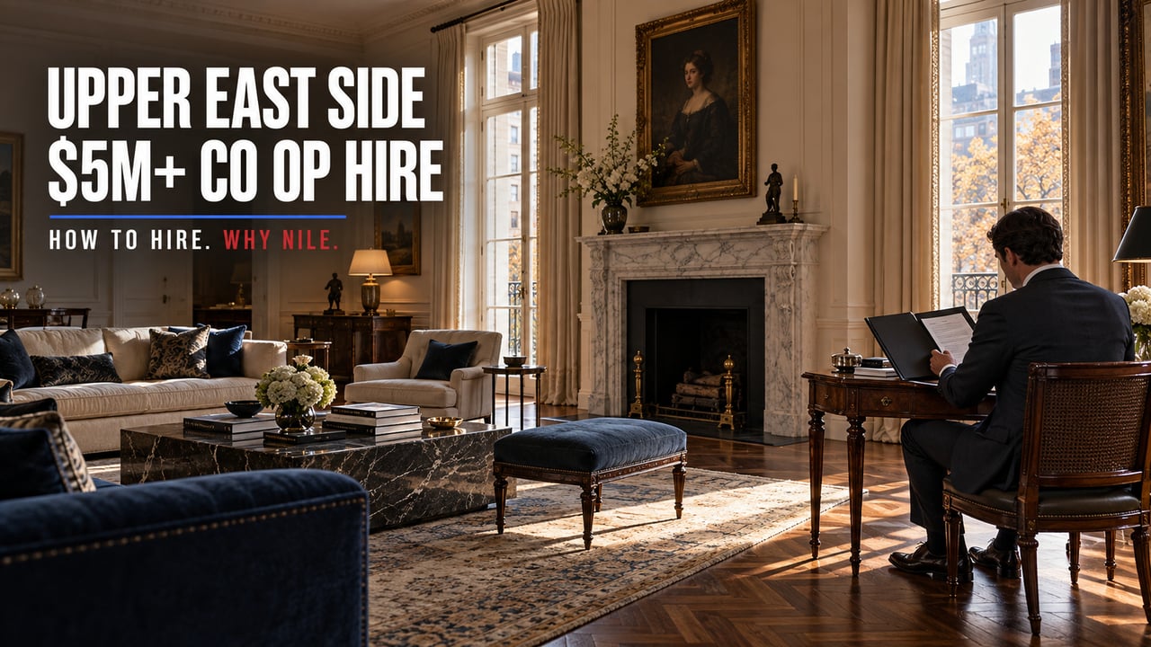 Upper East Side $5M+ co-op hire banner over a formal living room with a broker writing at a desk.