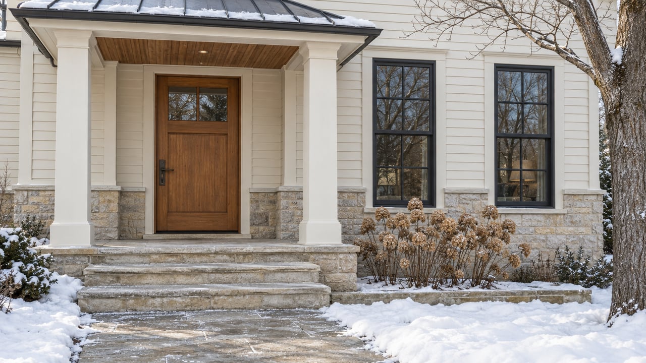 Snow borders a limestone approach to a cream-clapboard home with a cedar entry door and tall charcoal-framed windows.