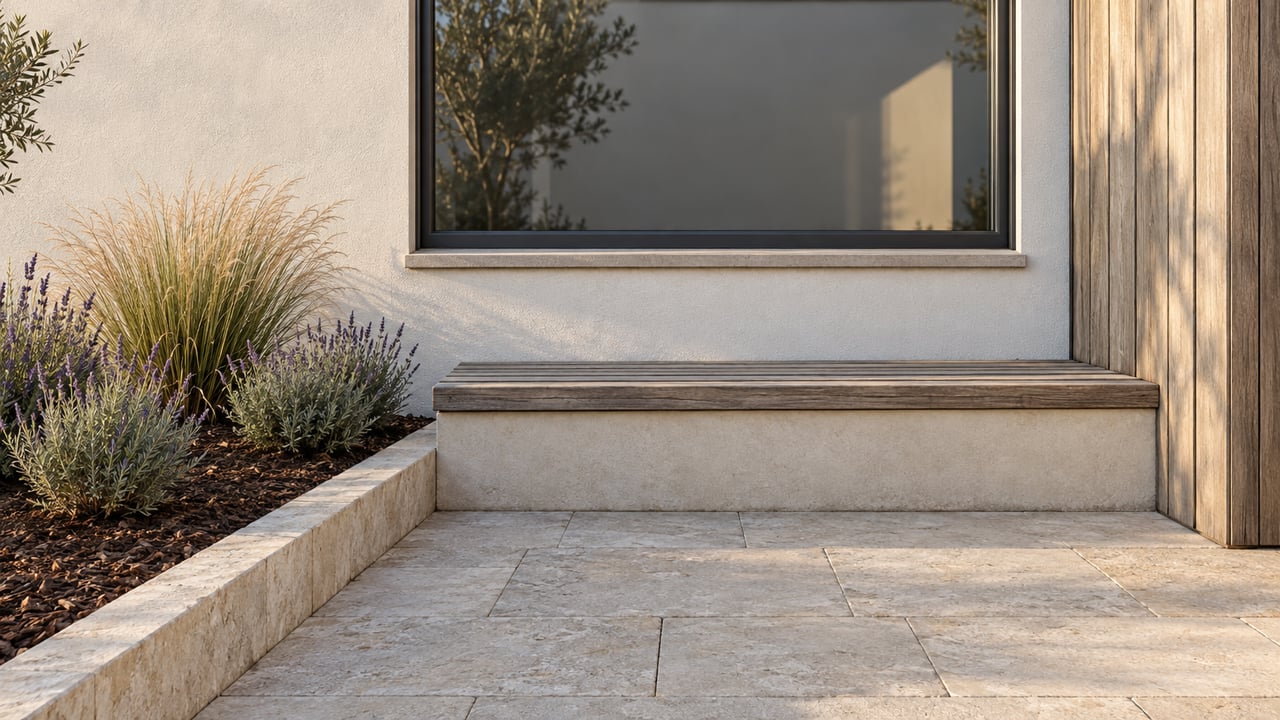 Warm afternoon light on a stucco home's rear patio, with a weathered teak bench, limestone paving, and lavender beside a raised stone edge.