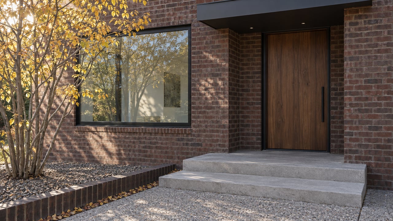 Brick home entry with a recessed walnut door, broad black-framed window, and yellow-leaved serviceberry tree.