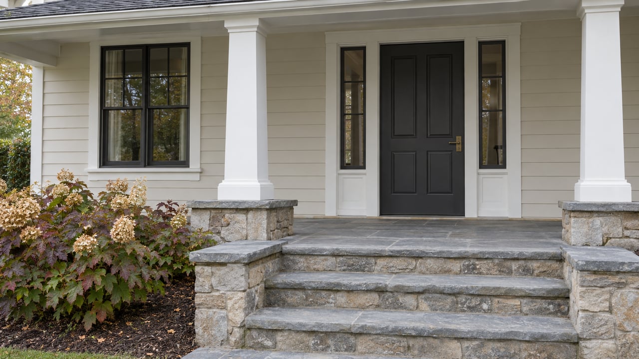 Ivory-sided home entry with charcoal door, paired glazed sidelights, white porch columns and weathered stone steps beside oakleaf hydrangeas.