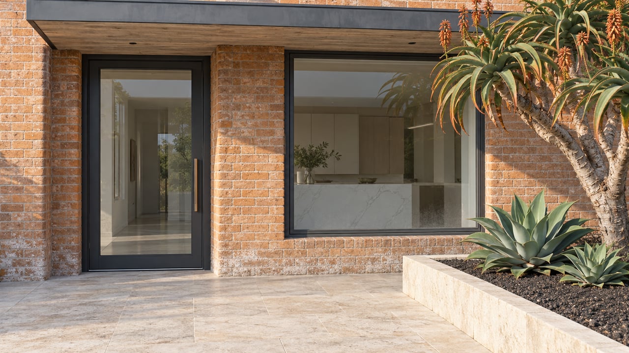 Warm brick and charcoal-framed glass entry beside a limestone approach and raised bed containing a branching aloe and two agaves.