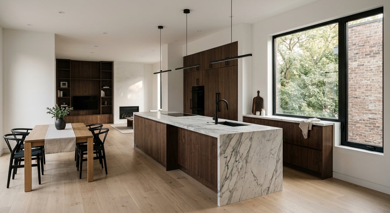 Open-plan kitchen with a veined marble island, dark wood cabinets, and a black-framed window.