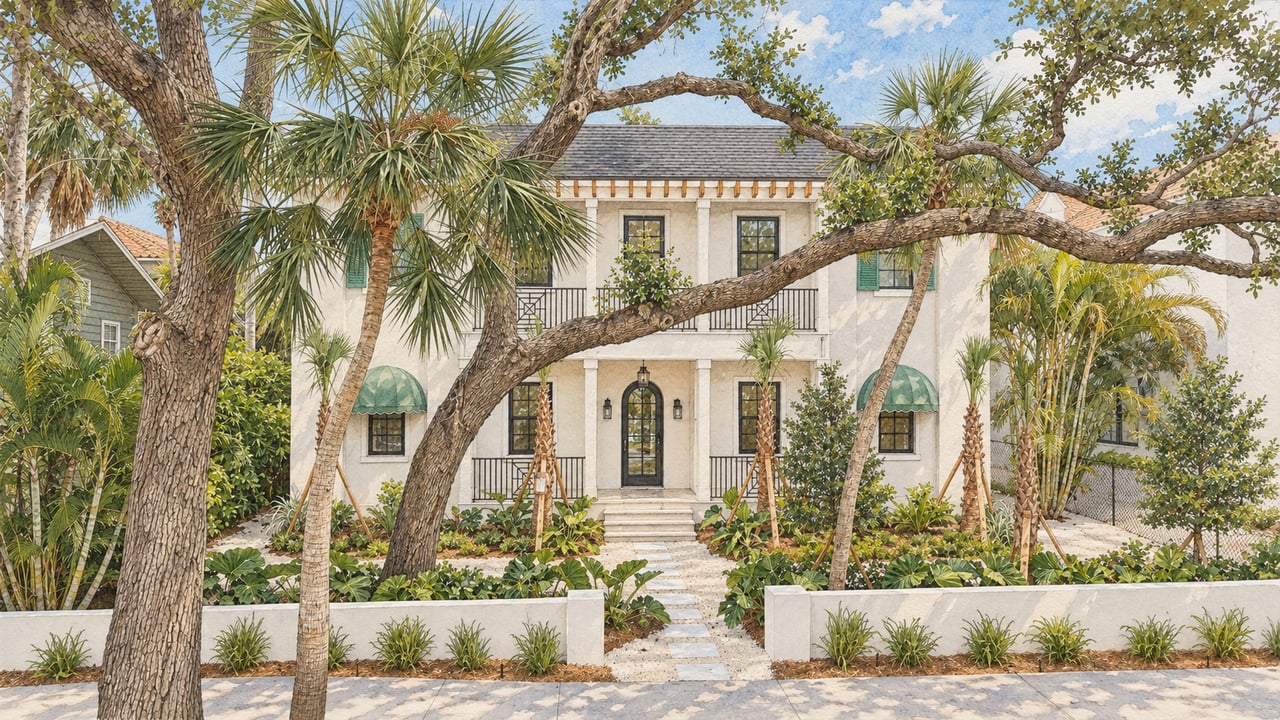 Rendered two-story stucco home with green awnings, balconies, and a tropical landscaped front yard.