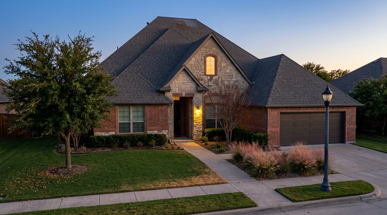 Custom brick-and-stone home at twilight, with a glowing arched window, steep roof, and mature tree beside the walkway.