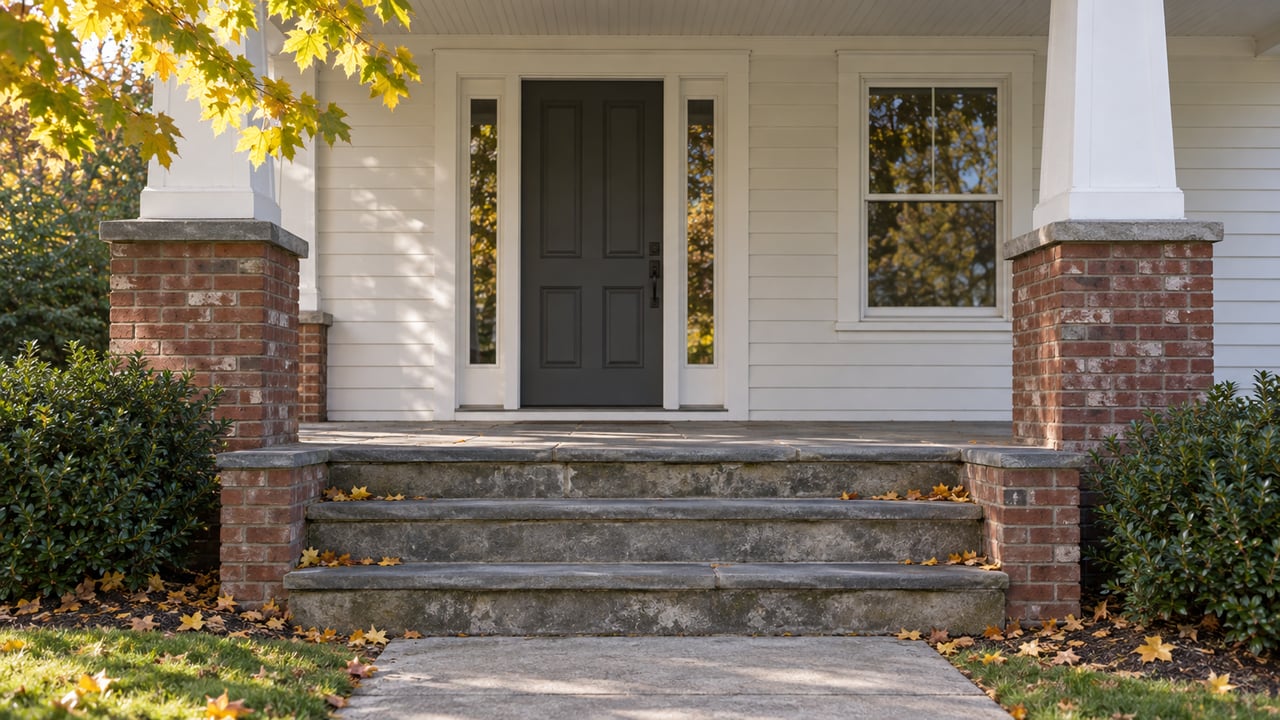 Recessed charcoal front door with glass sidelights, brick porch piers, and worn bluestone steps beneath maple leaves.