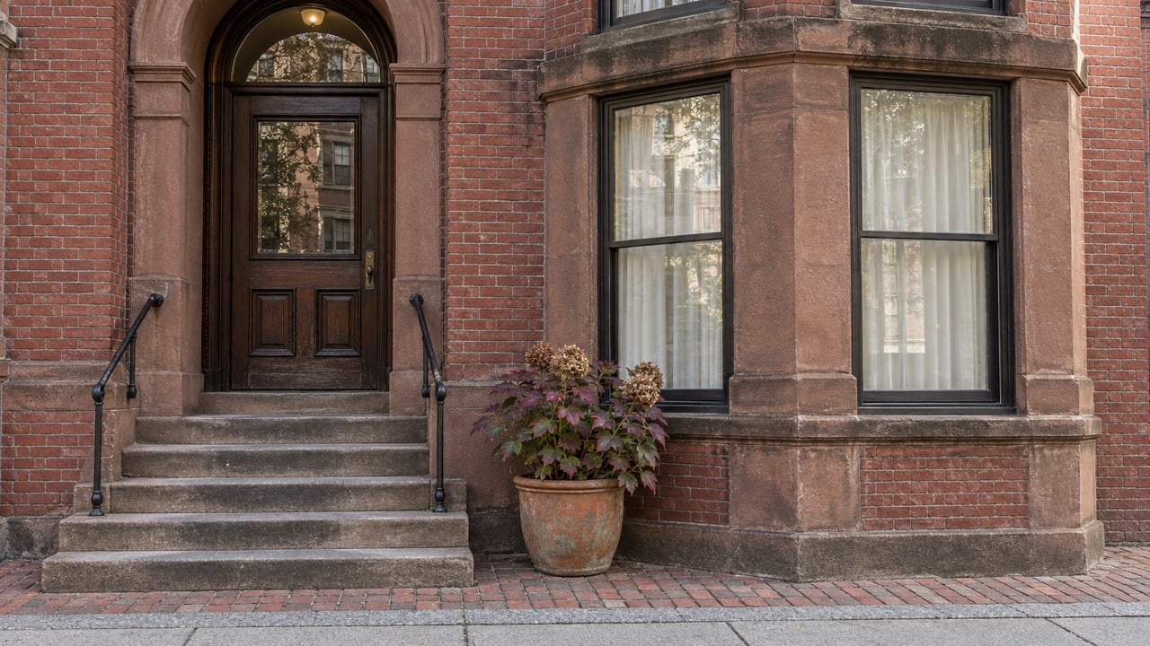 Weathered red-brick residential entry with sandstone steps, tall bay windows, and a potted oakleaf hydrangea.