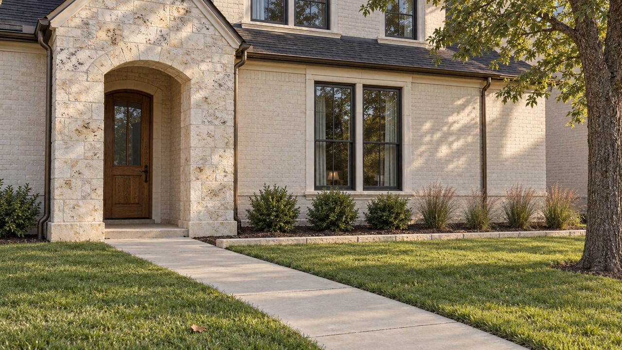Pale brick home with a limestone arched entry, oak door, black-framed windows and a broad lawn in afternoon sunlight.
