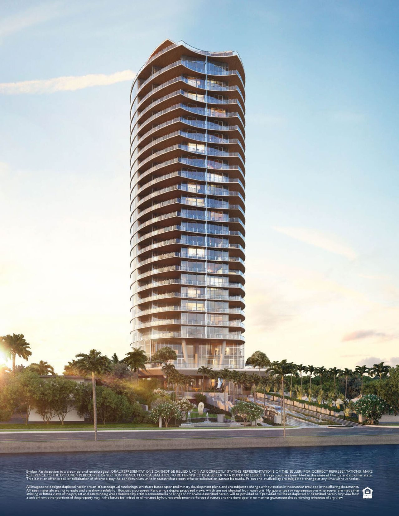Forté on Flagler tower exterior, rendering seen from street level at dusk