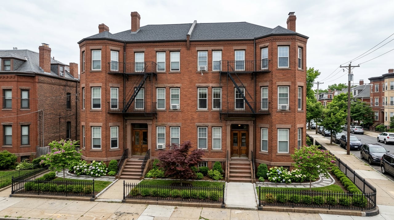 Three-story brick apartment building with fire escapes, two stoops, and a fenced planted yard.
