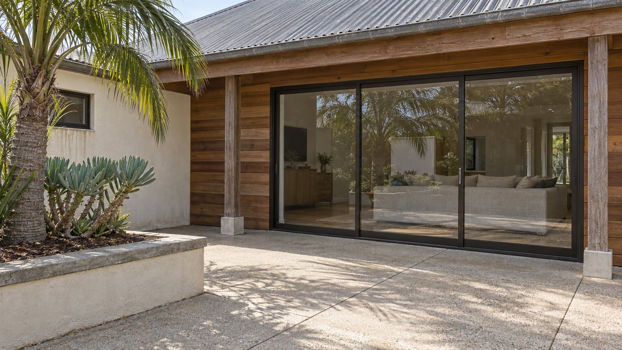 Sunlit courtyard beside a low timber-and-stucco home, with closed glass doors, weathered roof edging and sculptural planting.