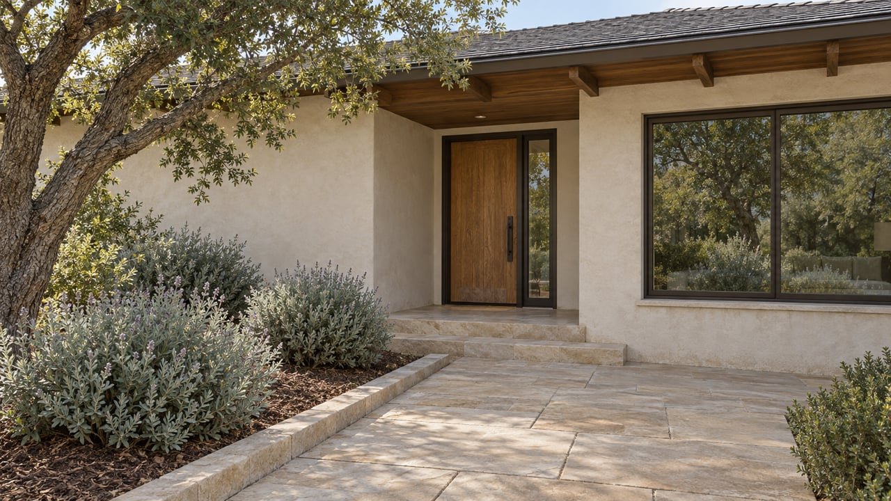 Sandstone walkway approaching a recessed oak door beneath exposed wooden eaves, beside silver-leaved sage and a mature oak.