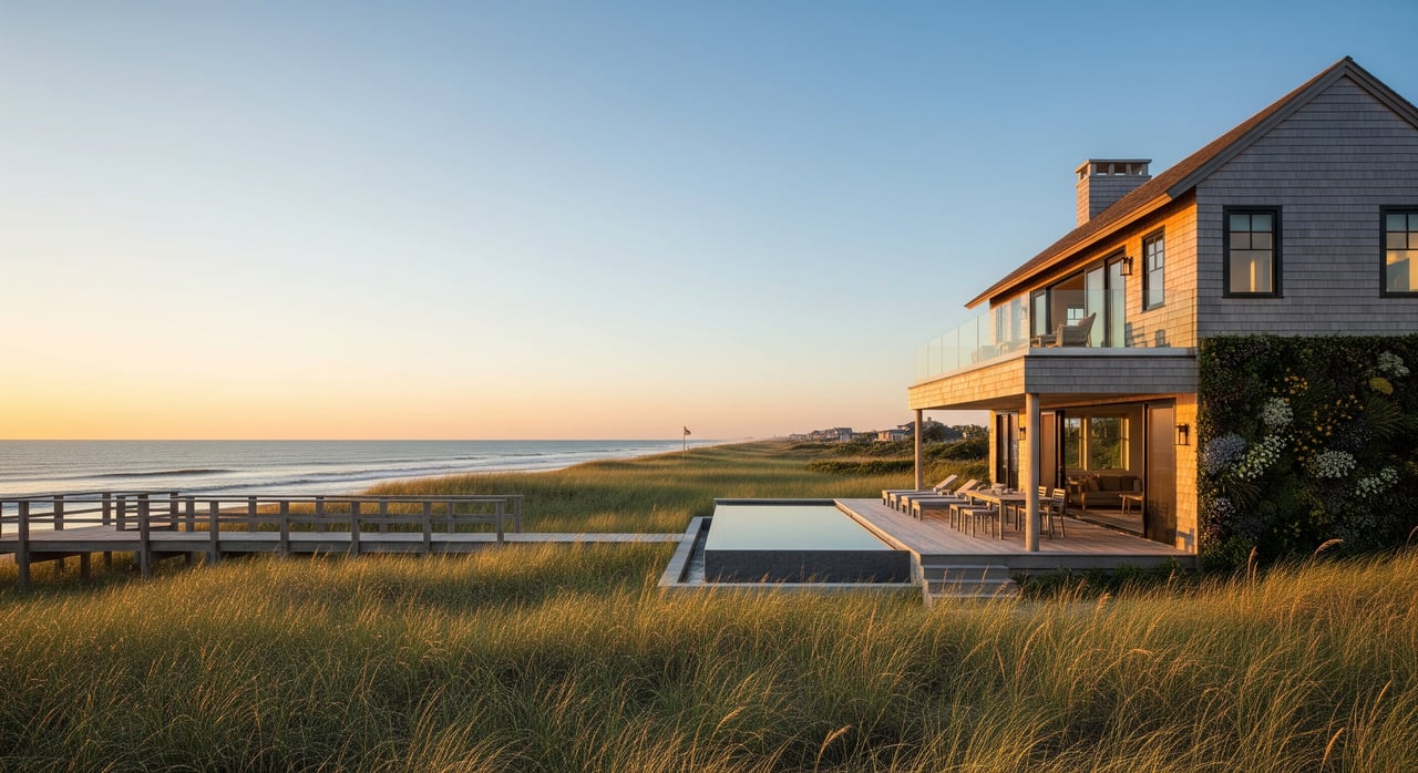Modern coastal house beside a boardwalk and pool, with dune grass and ocean at sunset.