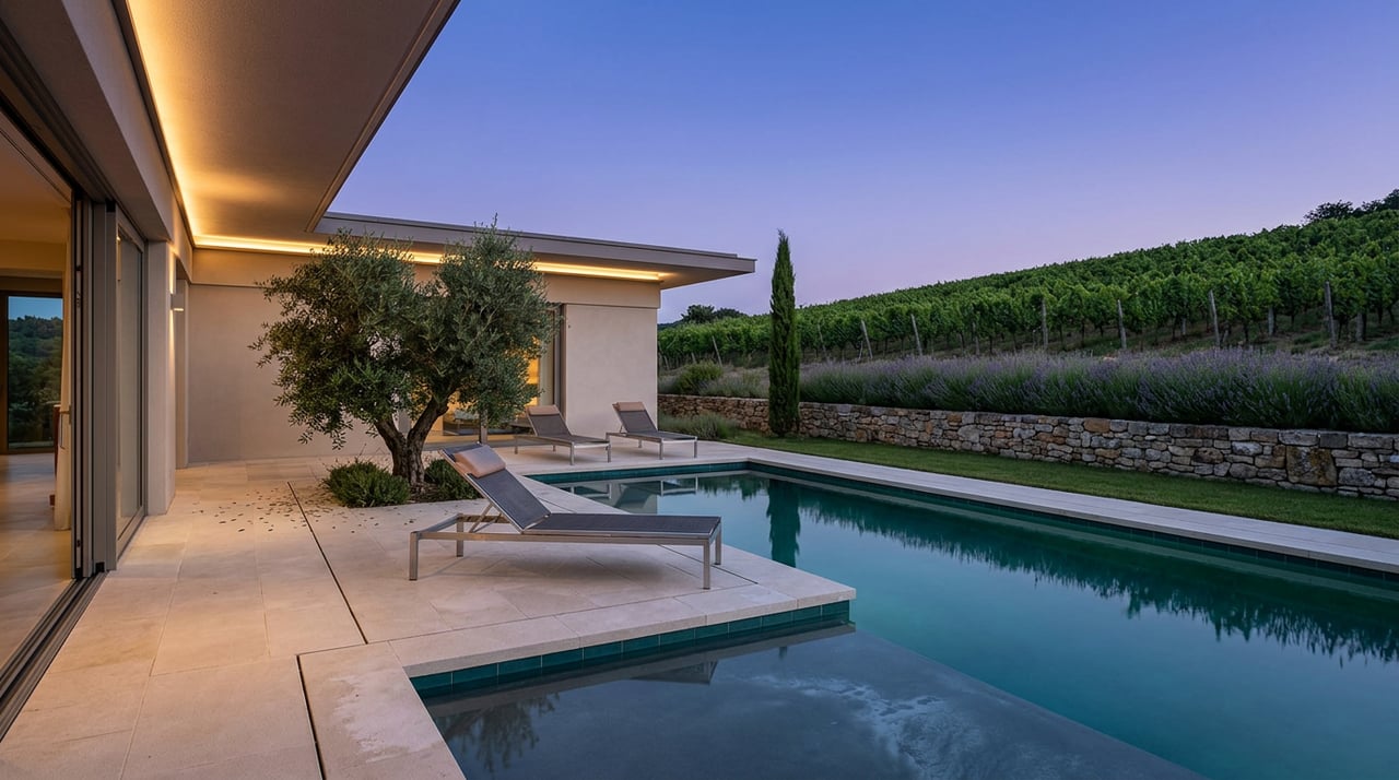 Blue-hour pool terrace with two loungers, olive tree, stone wall, and vineyard rows climbing the hillside.