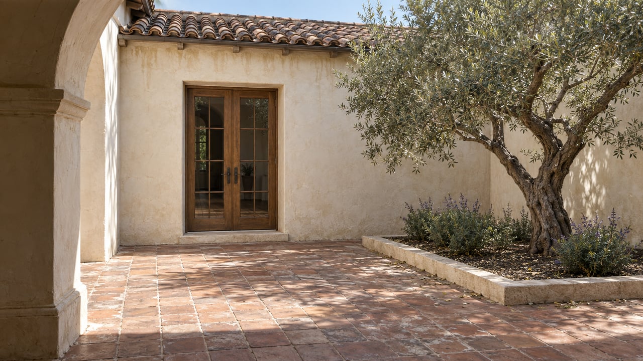 Sunlit terracotta courtyard with aged ivory stucco, oak-framed glass doors and a mature olive tree in a limestone-edged bed.