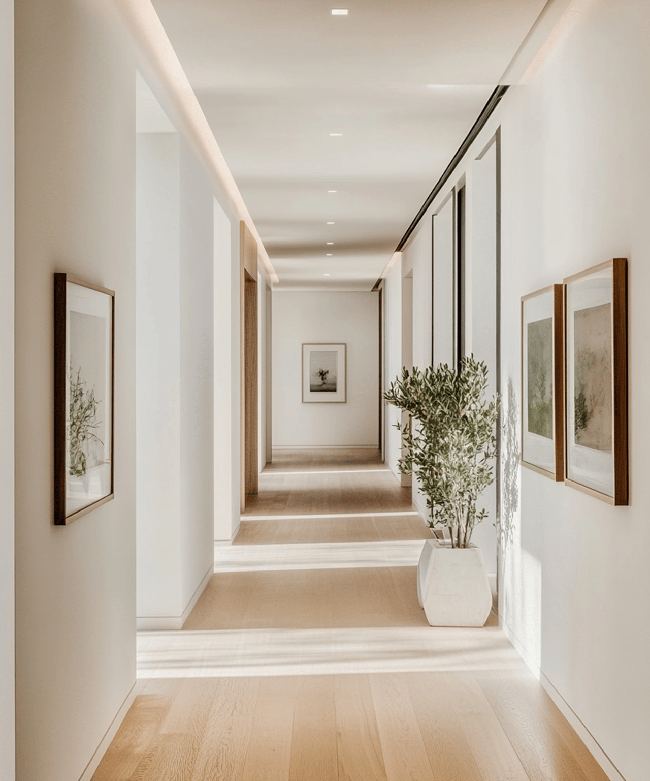 Bright modern hallway with light wood floors, framed artwork, and a potted tree beside tall windows.