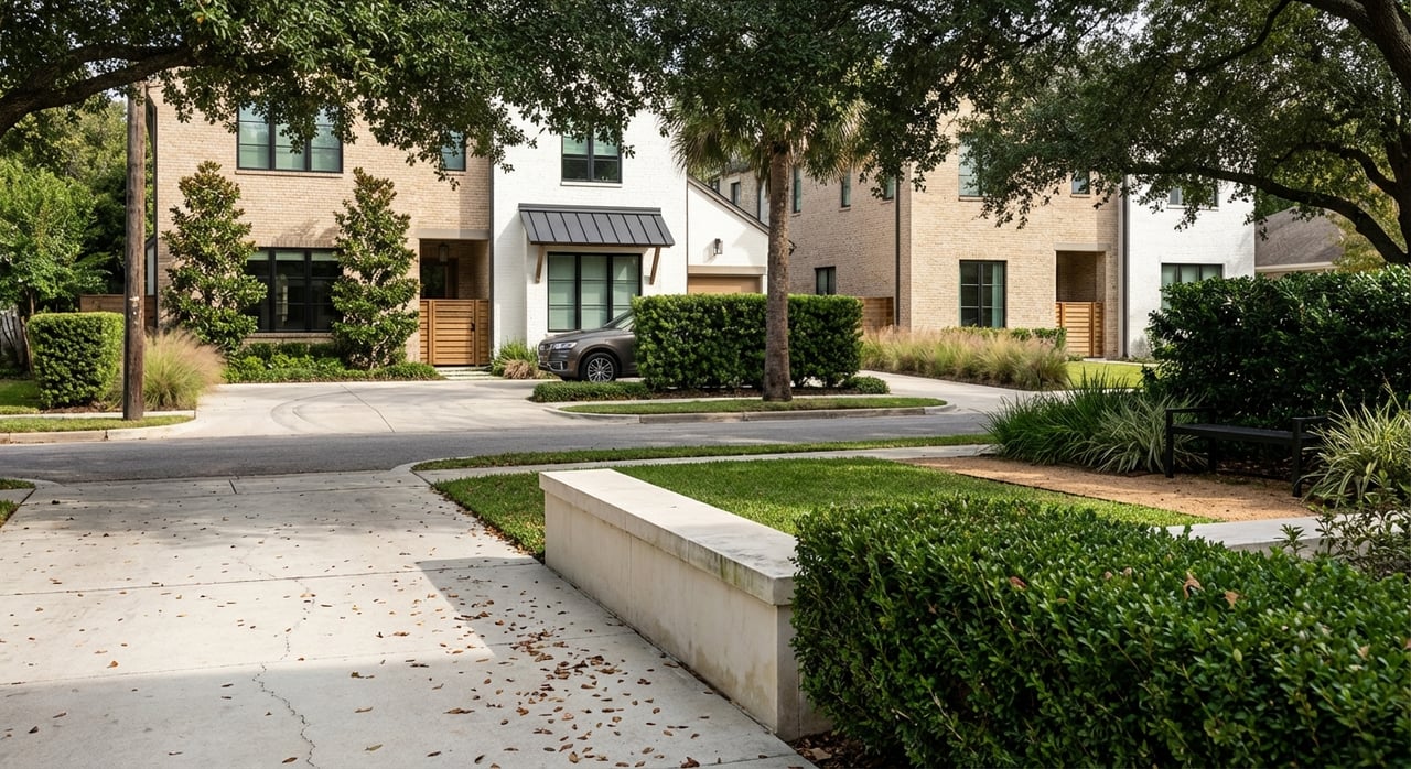 A pocket park borders a streetscape of contemporary homes.