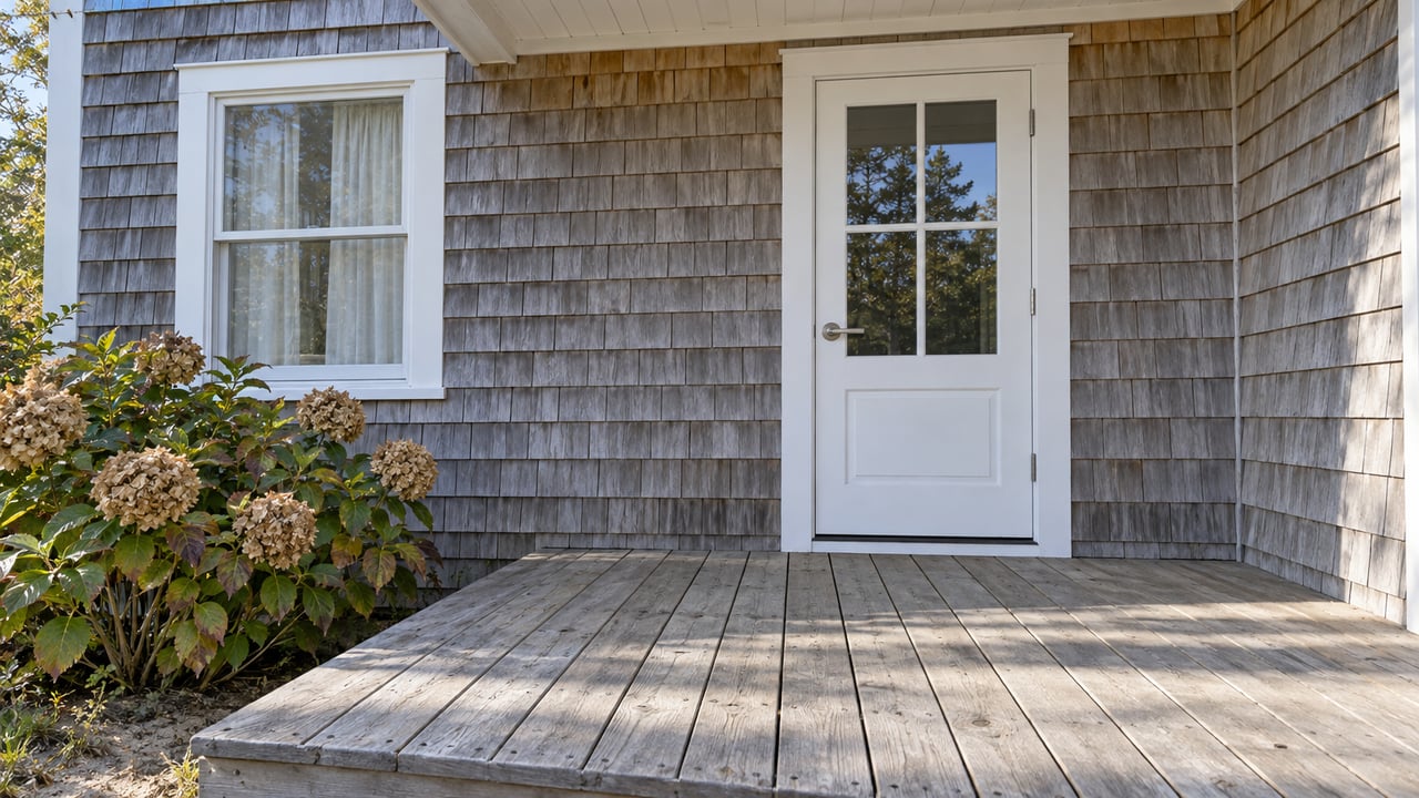 Sunlit silver-gray cedar cottage entry with a white glazed door, sash window, weathered wooden landing, and tawny autumn hydrangea.