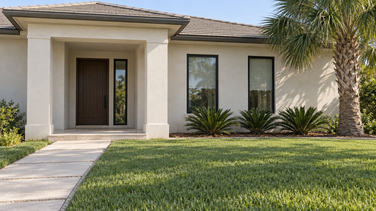 Sunlit single-story ivory stucco home with a recessed entry, black-framed windows, broad lawn and a mature palm.