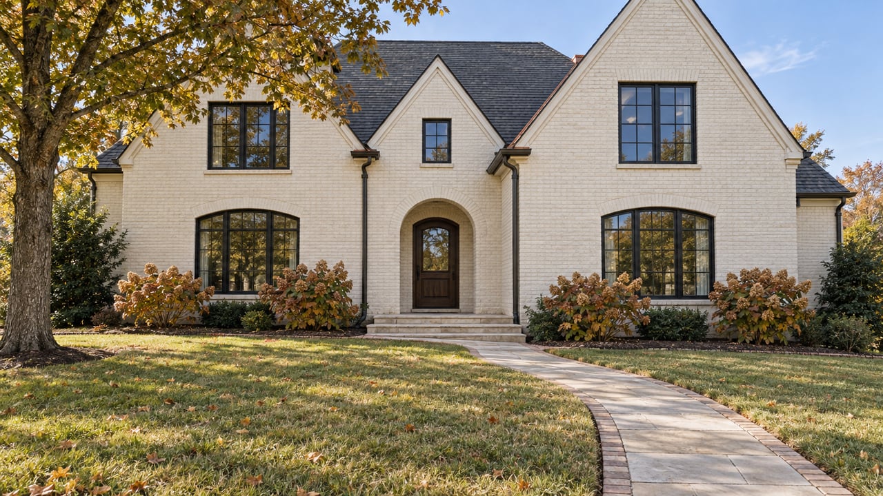 Ivory painted-brick home with steep charcoal gables, black-framed windows and a limestone entry walk across an autumn lawn.