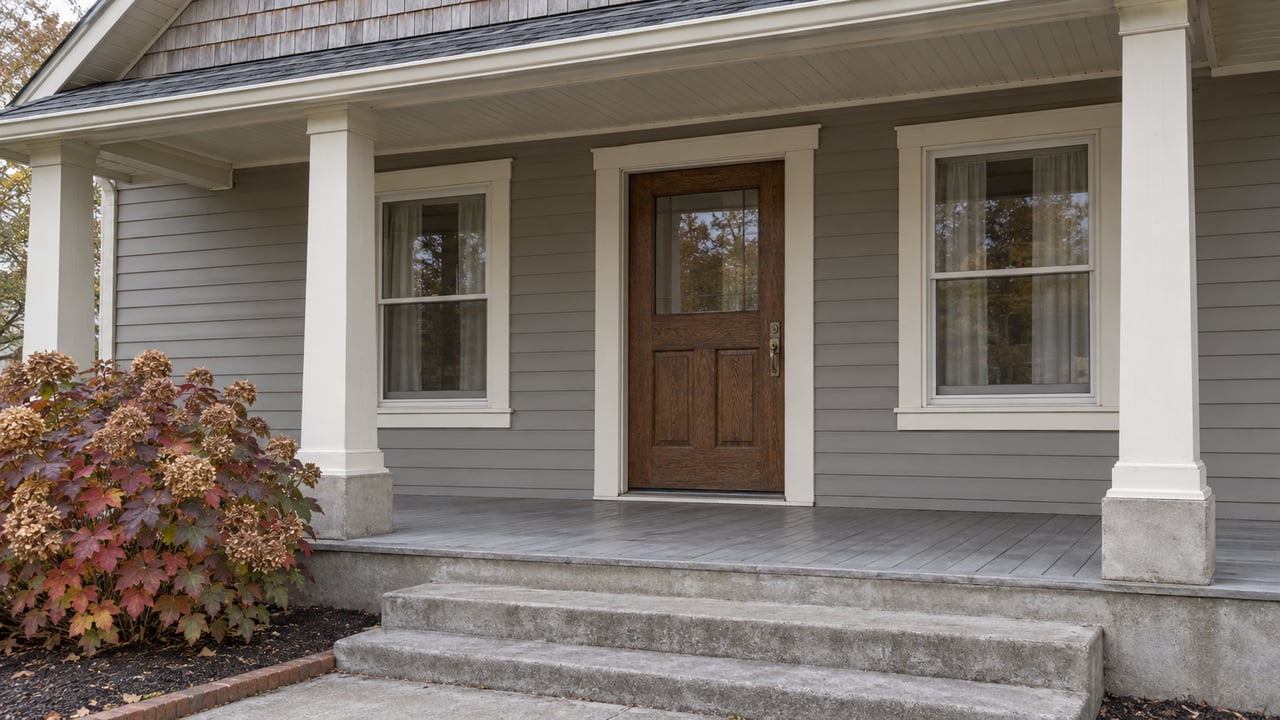 Covered front porch with gray lap siding, an oak entry door, paired windows and autumn oakleaf hydrangea beside concrete steps.