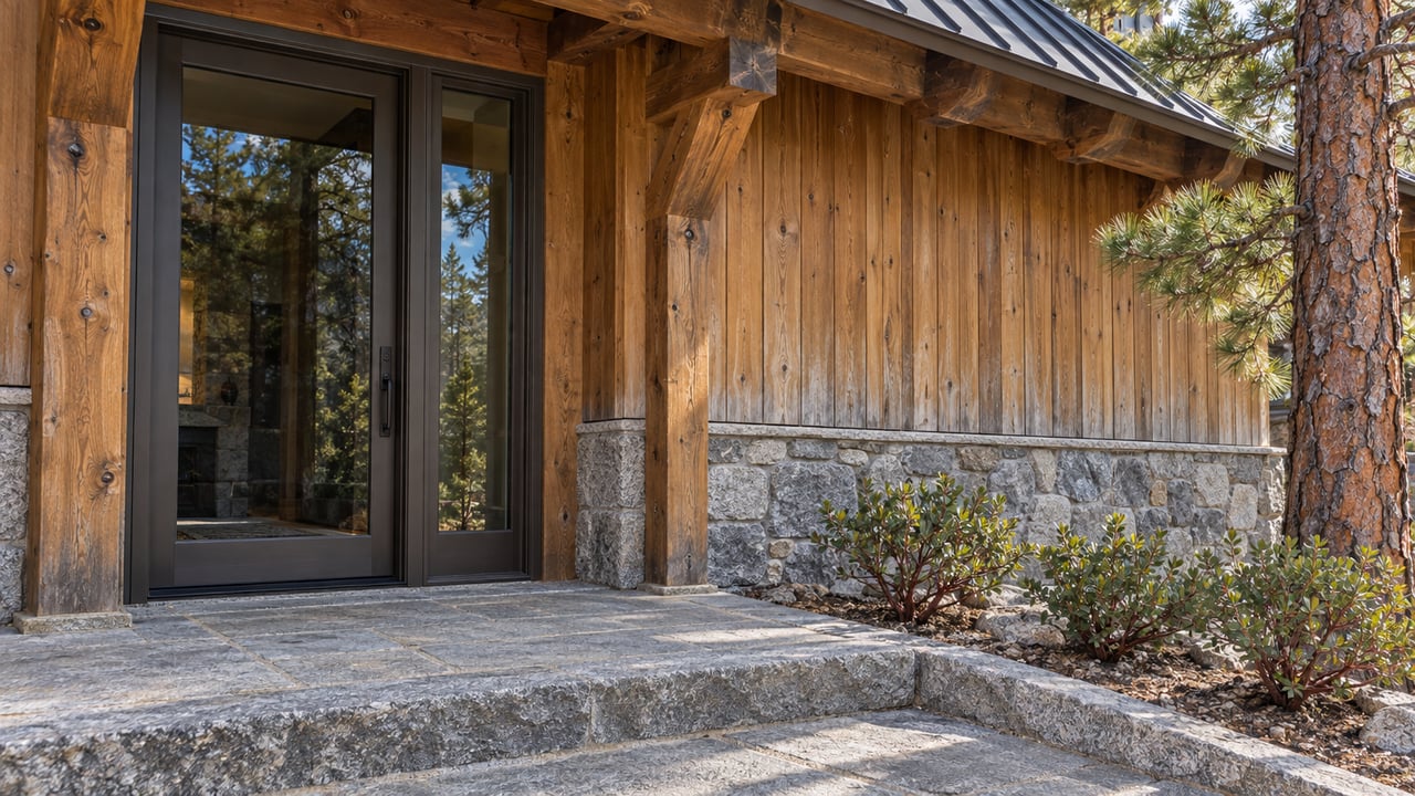 Close view of a cedar-clad home's glazed entrance, exposed timber eave and granite landing beside a Jeffrey pine and greenleaf manzanita.