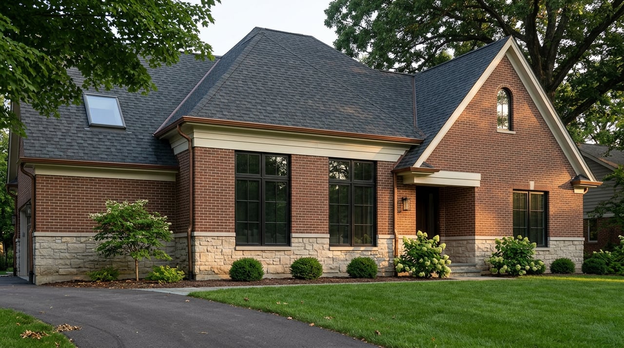 Suburban home with limestone base, red-brown brick gable, black windows, lawn, and curving driveway.
