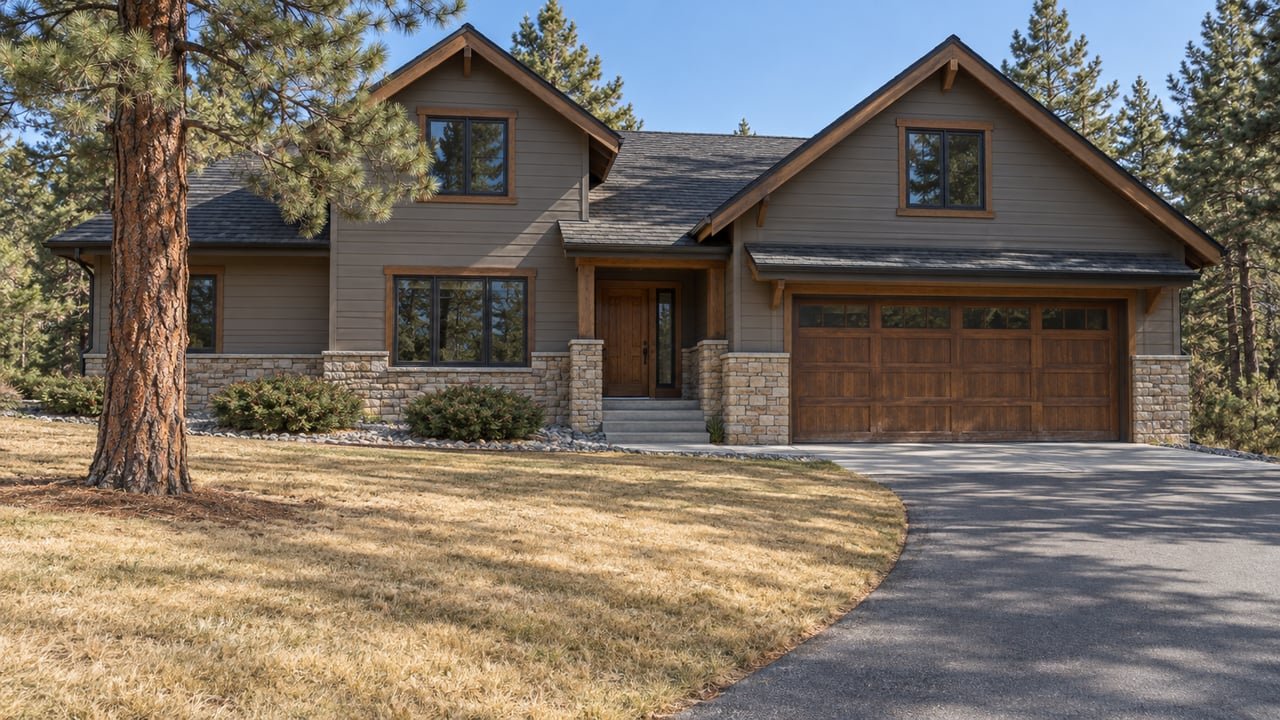 Gabled home with stone base and warm wood trim beyond a tawny autumn lawn, curved driveway and mature pine.