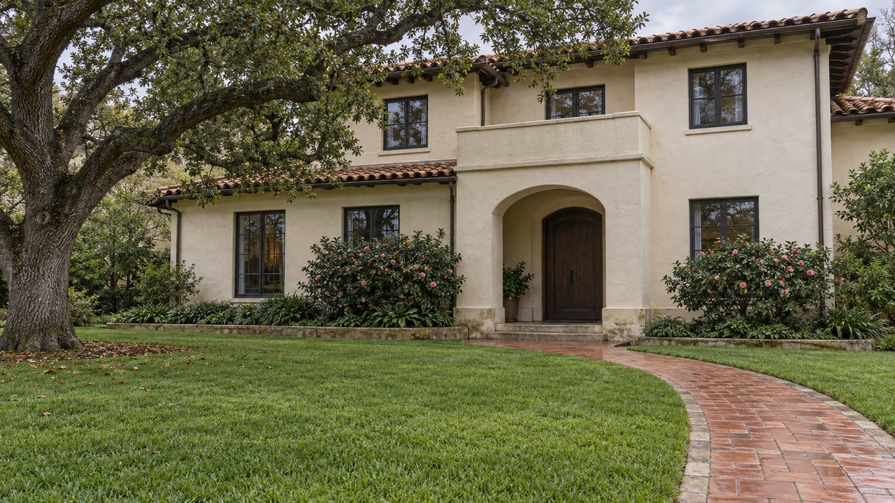 Cream stucco house with clay tile roofing and an arched oak entry, seen across a deep lawn beside a mature oak tree.