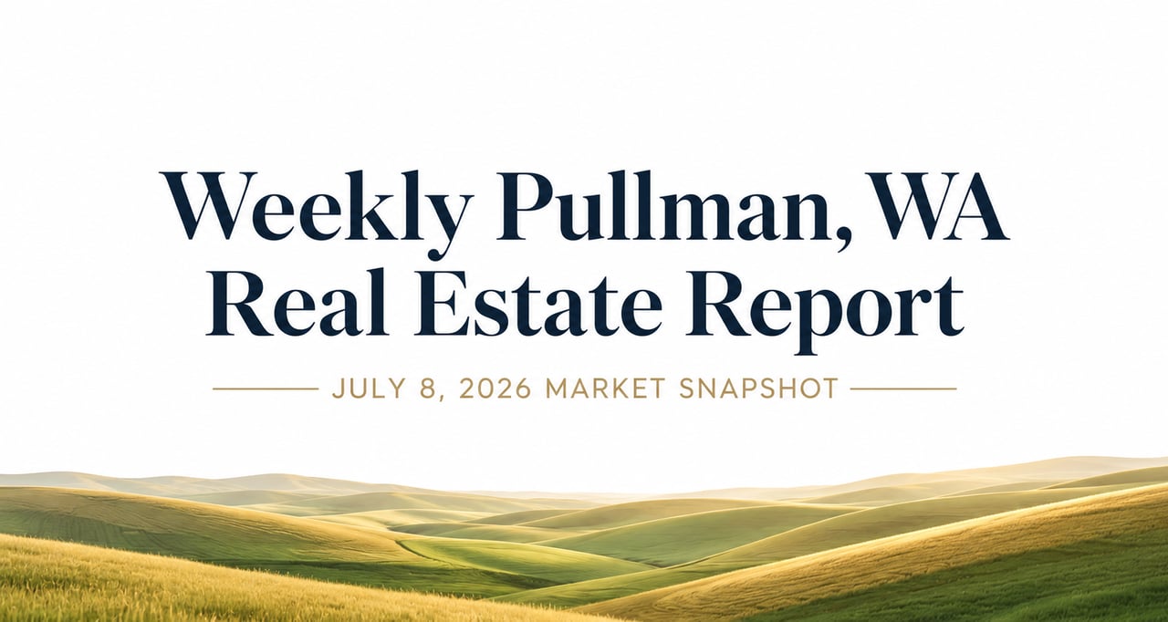 Professional blog header for Jordan Vorderbrueggen's July 8, 2026 weekly Pullman, WA real estate market report featuring current housing market activity and inventory by price range.