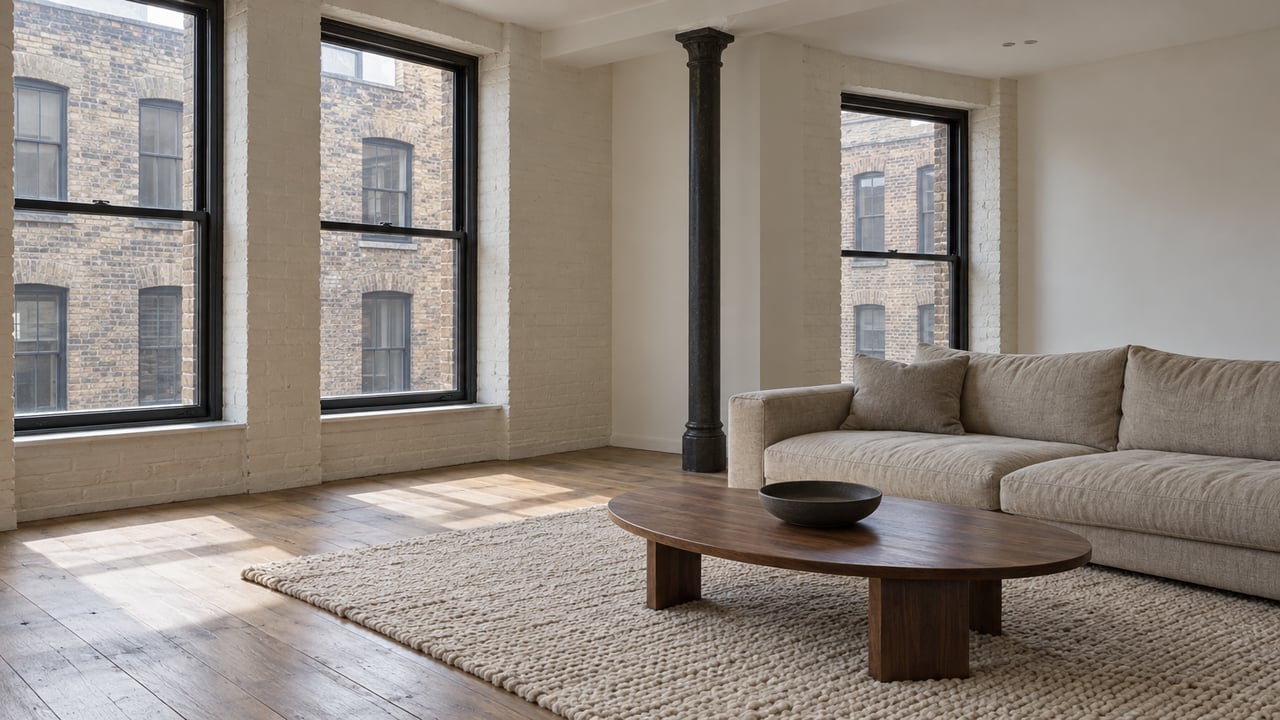 Airy loft living room with black steel-framed windows, pale oak floors, a linen sofa and a walnut coffee table.